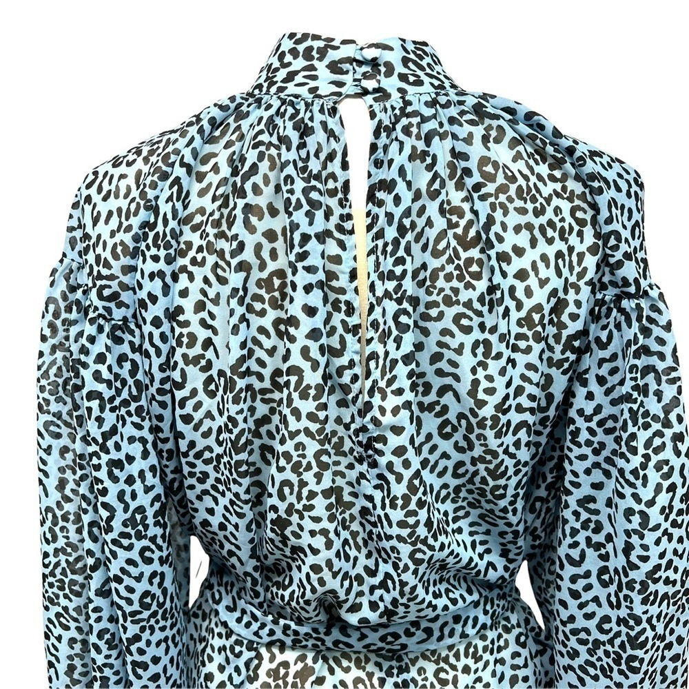 ASOS Blue Animal Print Belted Puff Sleeve Sheer Blouse Women’s 8 - Picture 7 of 13